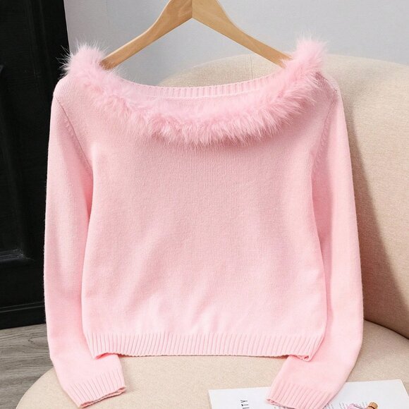 Pink Casual Women's Elegant Patchwork Fur Collar Sweater Cloth - Picture 3 of 7